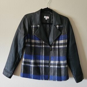 Denim & Company Blue Black Plaid Faux Leather Jacket Coat Womens XS